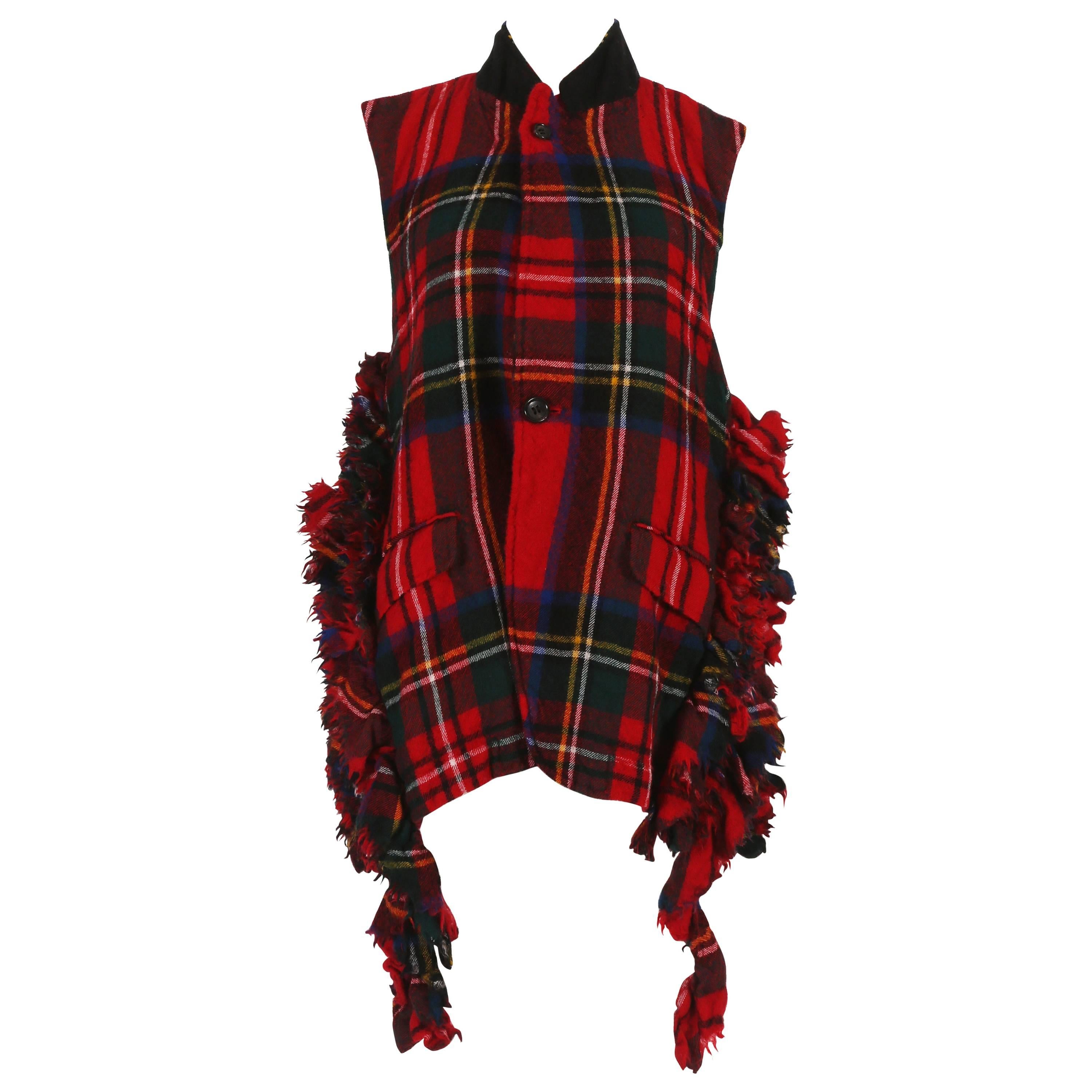 Comme des Garcons red tartan wool waistcoat with silver chain strap, fw 2000