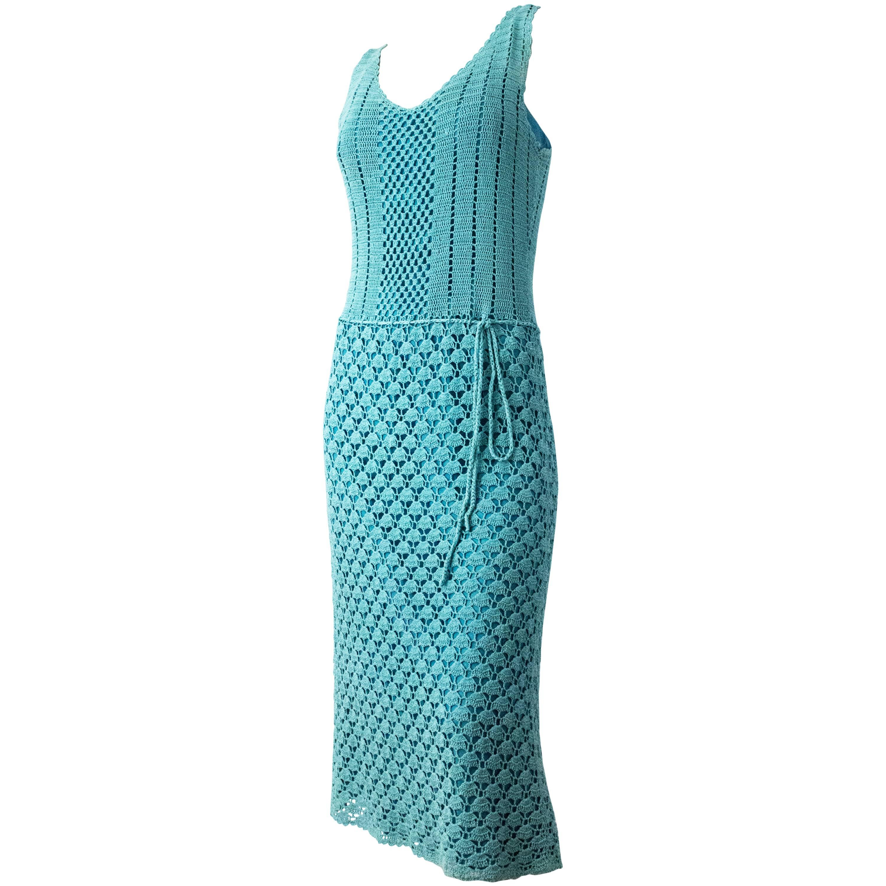 70s Aqua Blue Crochet Sleeveless Dress with Slip