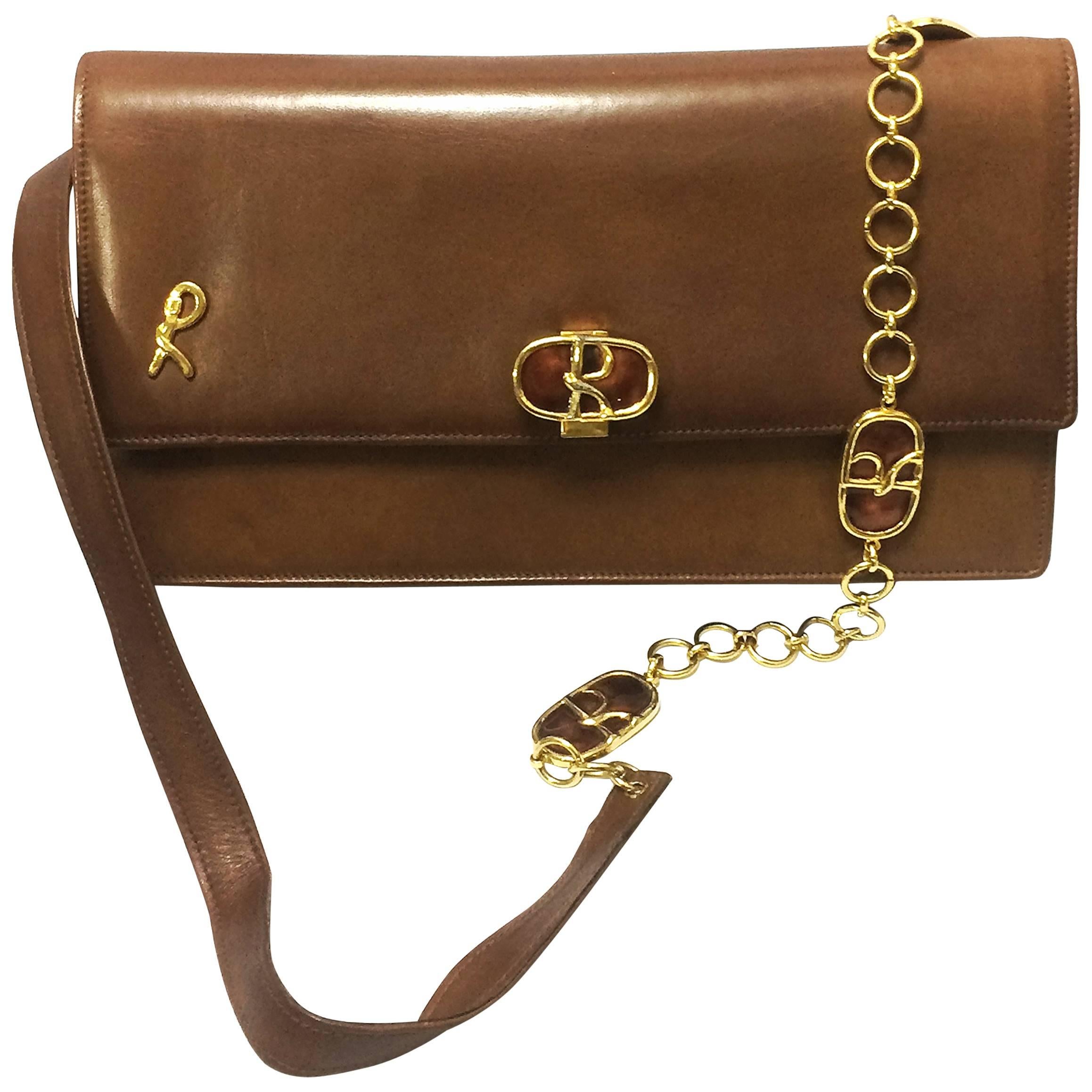 70's vintage Roberta di Camerino brown genuine leather purse with R cham chains. For Sale