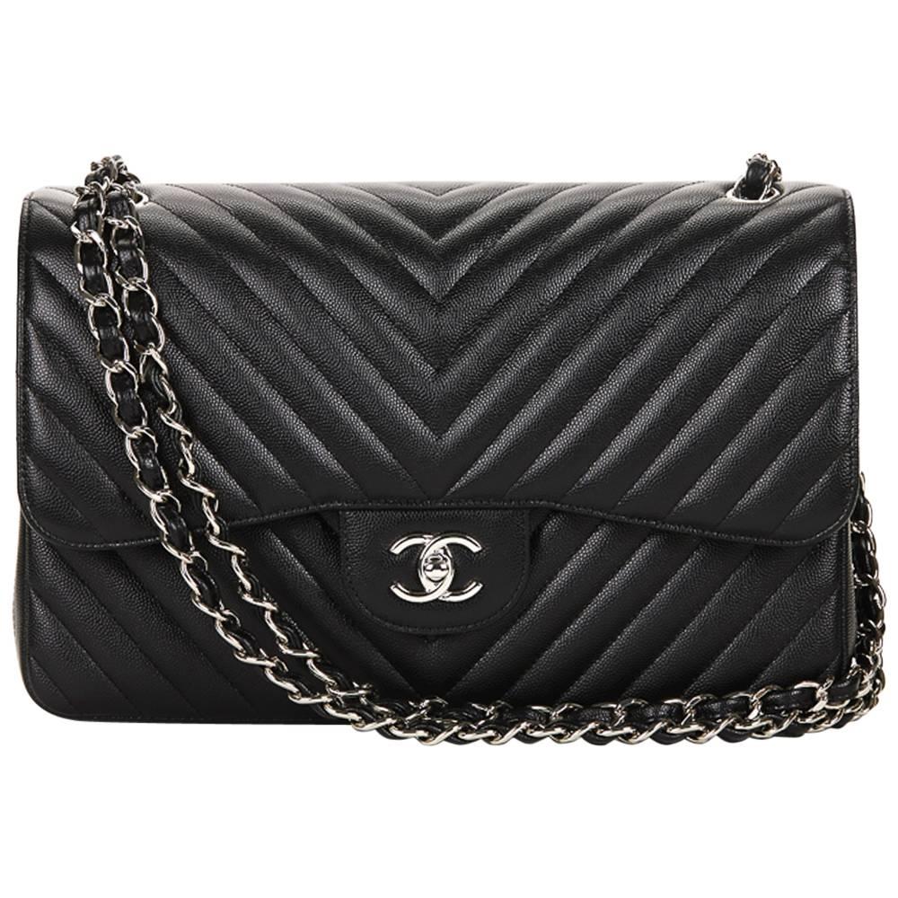 2016 Chanel Black Chevron Quilted Caviar Leather Jumbo Classic Double 
