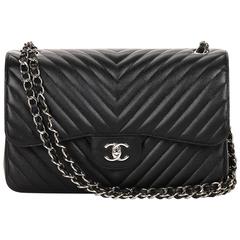 2016 Chanel Cuir noir chevron matelassé caviar Jumbo Classic Double