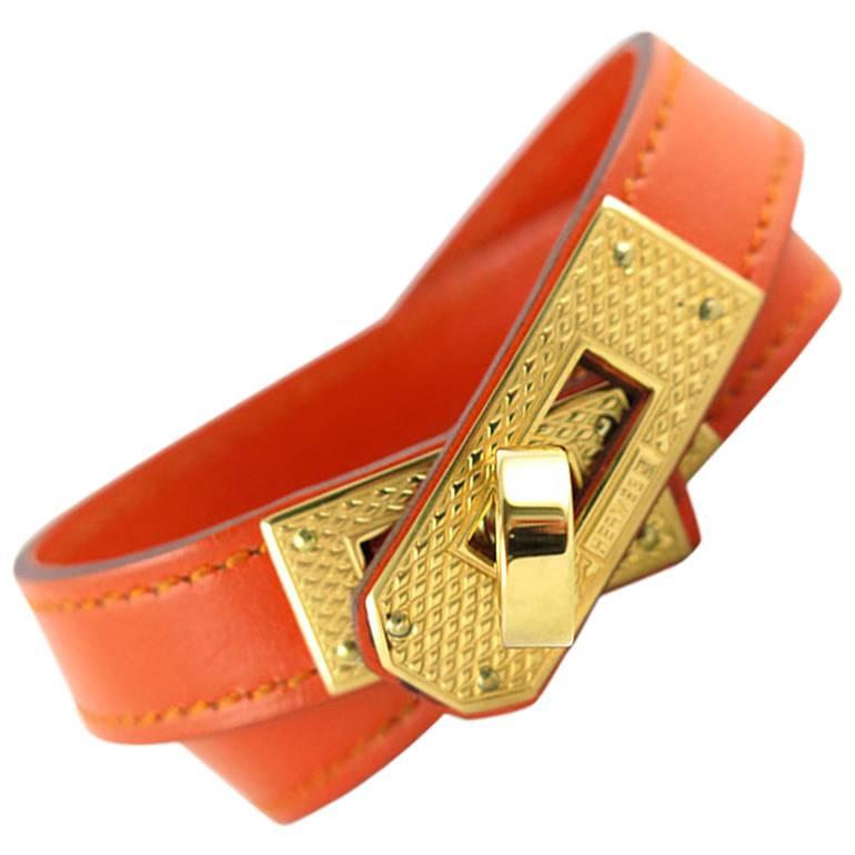 Hermes Orange Guilloche KDT Kelly Double Tour Bracelet Bangle - Rare For Sale