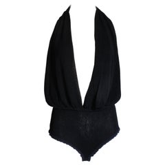 Donna Karan New York Plunge Halter Top Body Suit Sexy Black Mesh Knit 90s Sz L