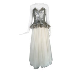 Fabrice Gold & Silver Sequin Peplum Hem Bustier with White Tulle Layered Skirt