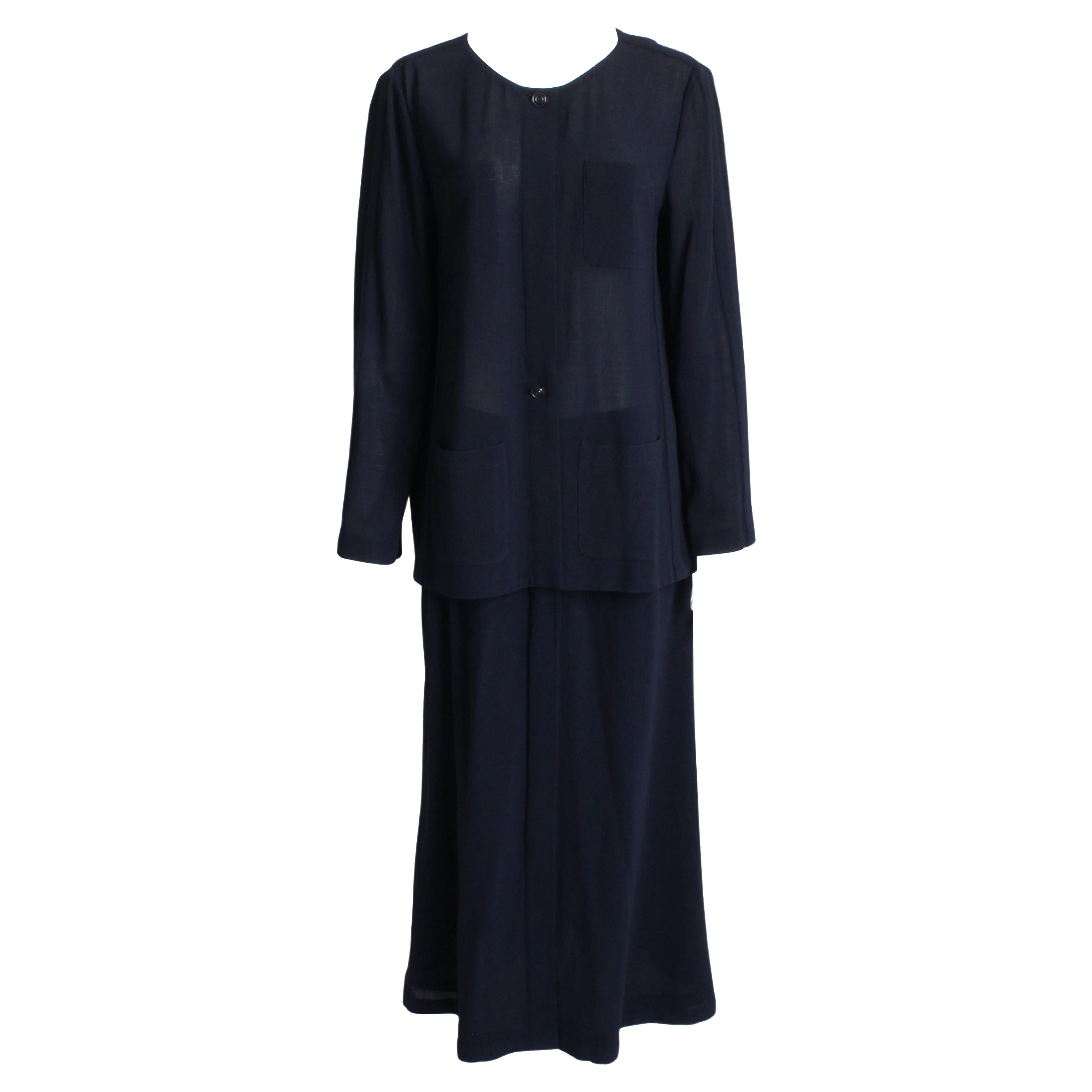 Chanel Jacket + Skirt Suit 2pc Sheer Wool Crepe Button Front Navy Blue 99P Sz 44 For Sale