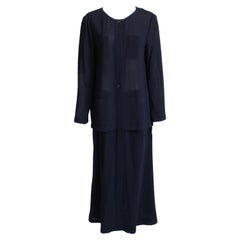 Chanel Jacket + Skirt Suit 2pc Sheer Wool Crepe Button Front Navy Blue 99P Sz 44