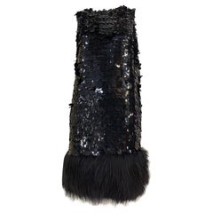 1960s Style Little Black Dress with Paillettes and Fox Fur Trim