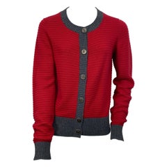 Chanel 2008A Red and Grey Ribbed Knit Cashmere Cardigan-Size 42