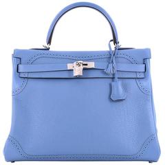 Hermes Kelly Ghillies Handbag Blue Paradis Clemence and Evercolor with Pa