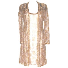 ESCADA Knee-Length Gold Beige Floral Lace Evening Dress & Long Jacket