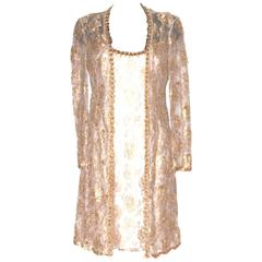 Escada Evening Knee-Length Dress - Long Jacket - Gold Beige Floral Lace - FR 36 7
