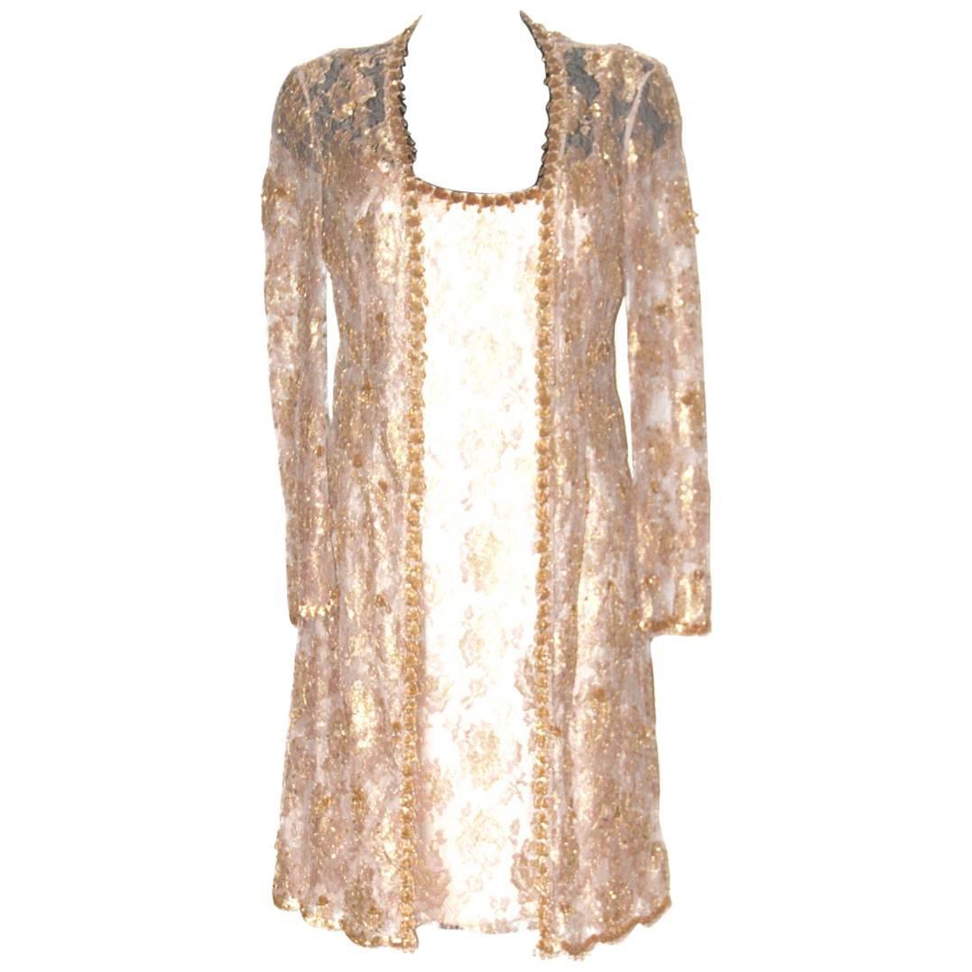 Escada Evening KneeLength Dress and Long Jacket Gold Beige Floral Lace
