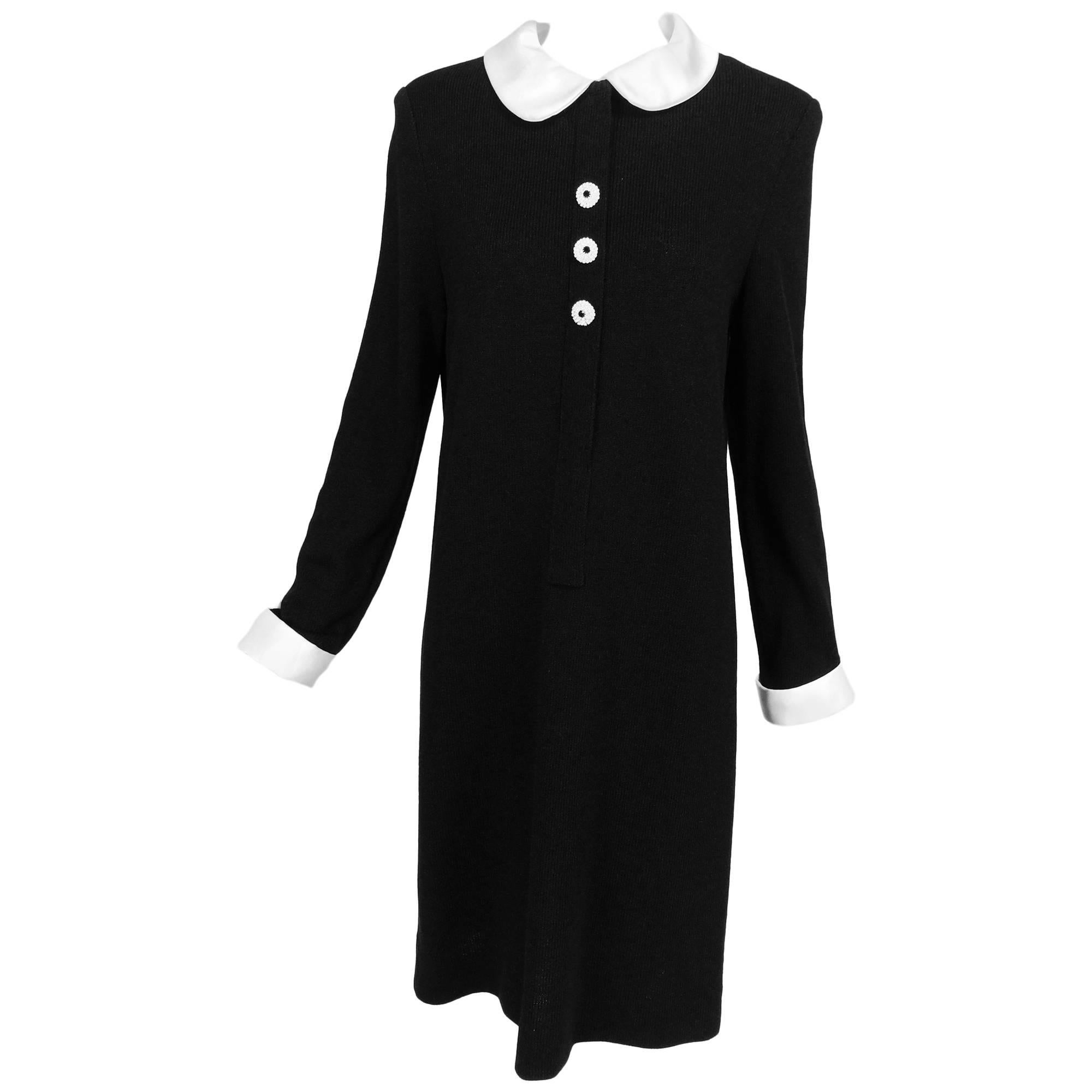 Adolfo black knit A line dress with white satin collar and cuffs 1970s