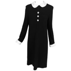 Adolfo black knit A line dress with white satin collar & cuffs 1970s size 12