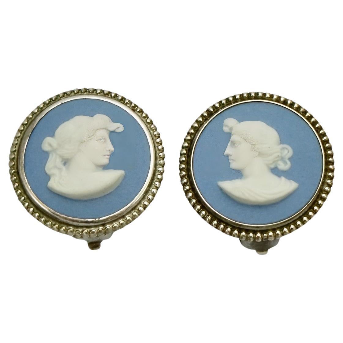 Josiah Wedgwood Sterling Silver and Blue Jasperware Earrings dated 1969