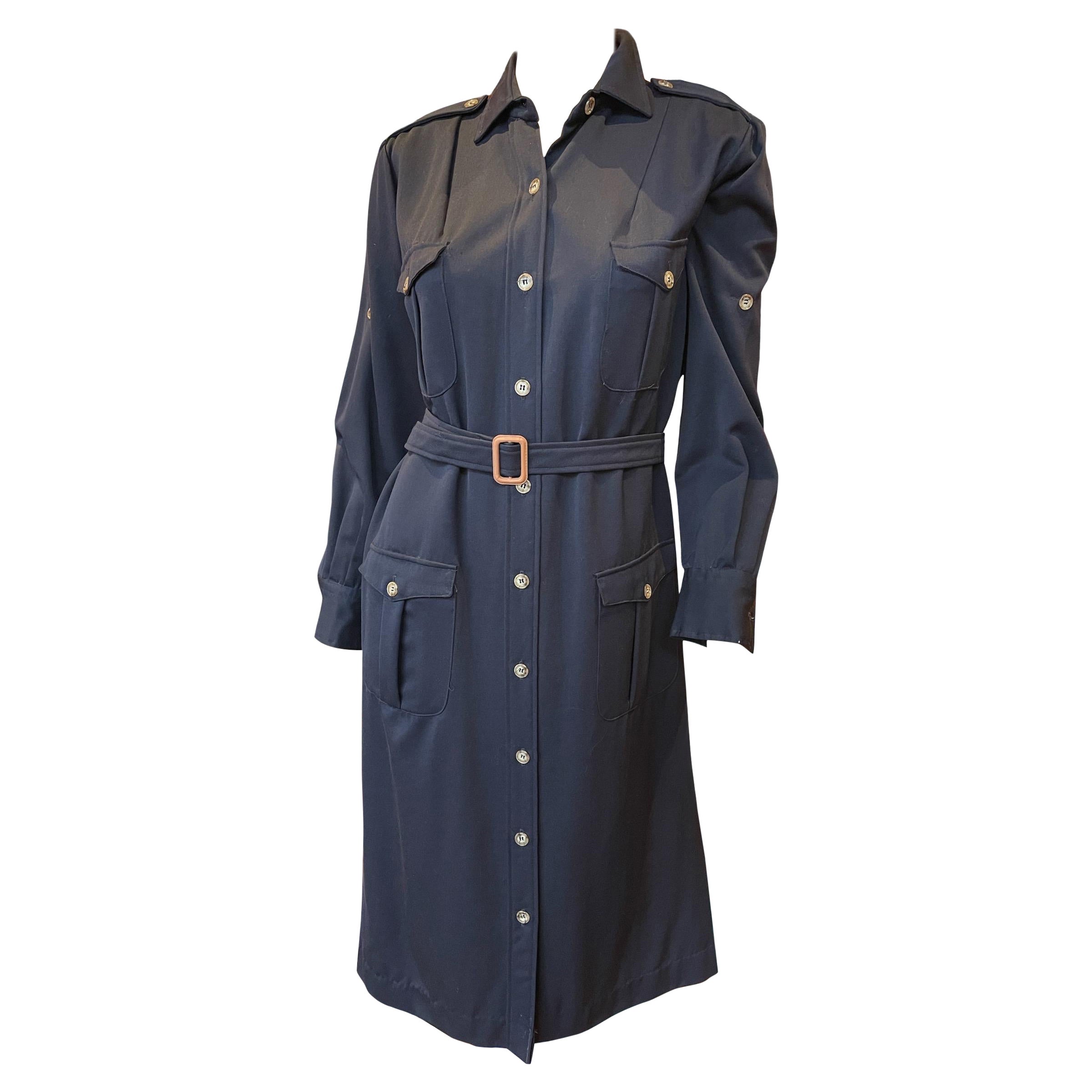 Abercrombie and Fitch des années 1980 - Robe en gabardine bleu marine avec ceinture  en vente