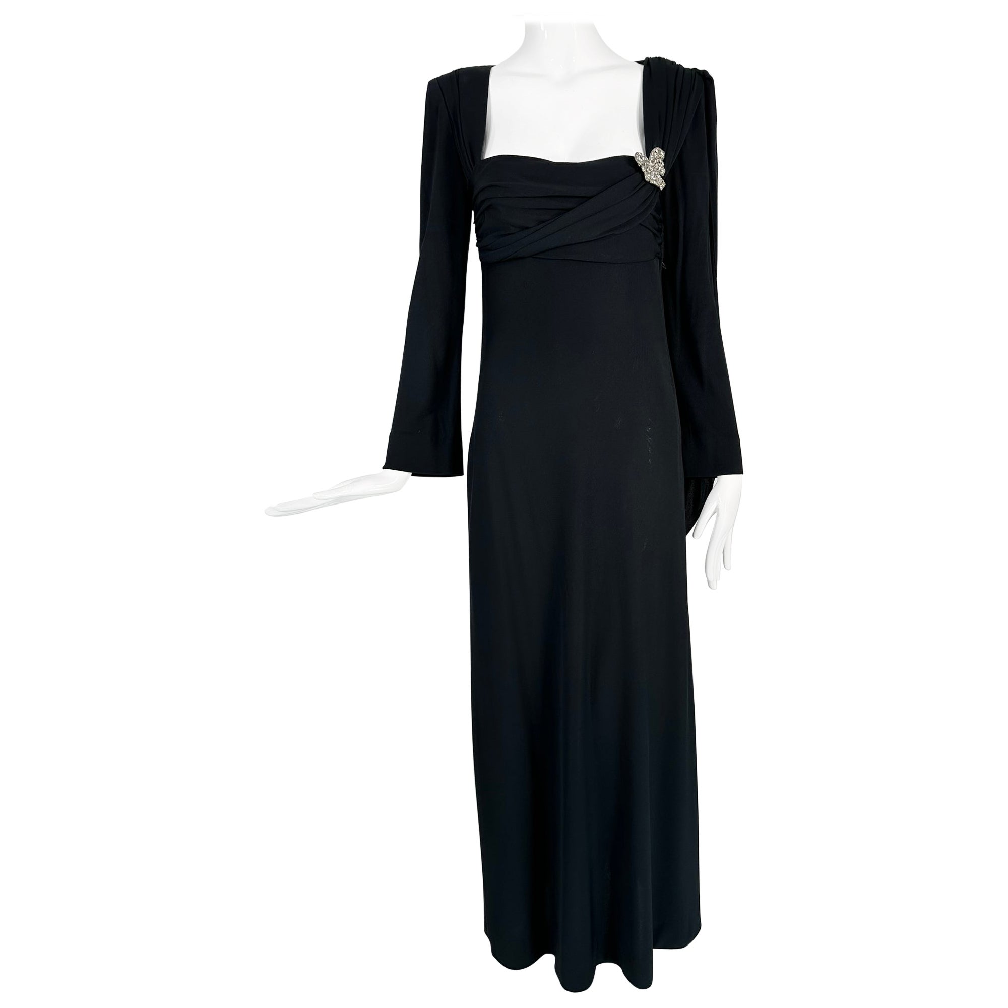 1940s Couture Old Hollywood Silky Black Jersey Shoulder drape Evening Gown 