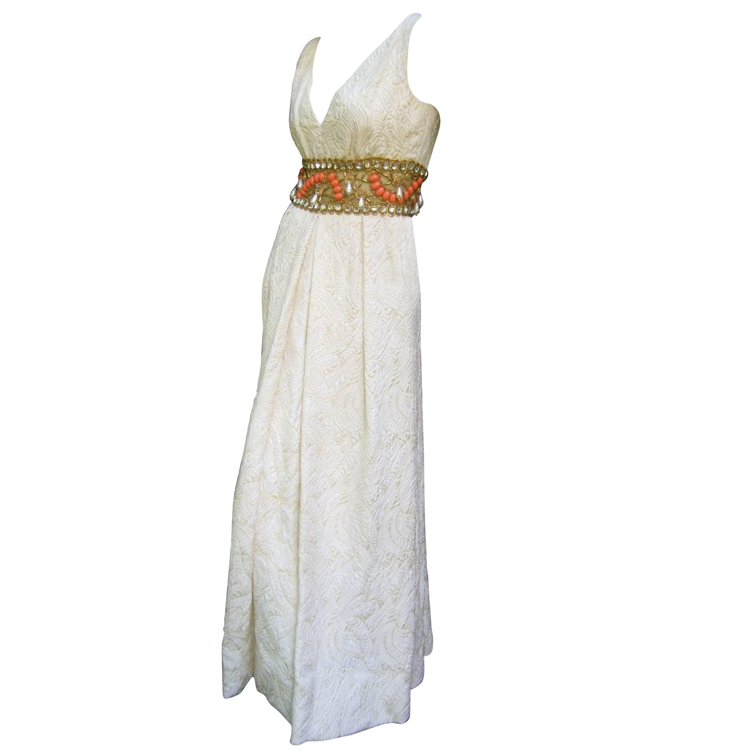 Ceil Chapman Stunning Ivory Brocade Jeweled Empire Gown c 1960 For Sale
