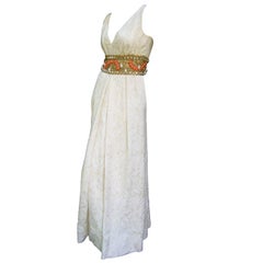 Ceil Chapman Stunning Ivory Brocade Jeweled Empire Gown c 1960