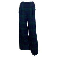 Chanel Mid 1980's Navy and Green Plaid Double Pleated Wool Pants-Size 36