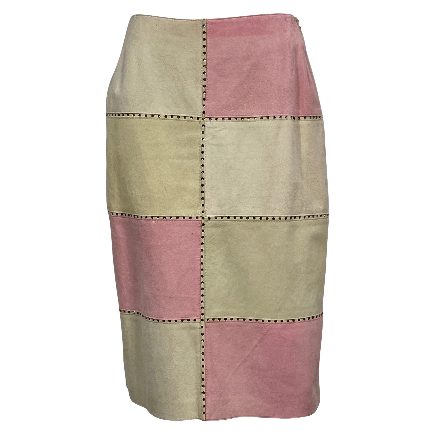 Valentino 2000 Autumn Collection Tan and Rose Patchwork Lambskin Skirt-Size 10 For Sale
