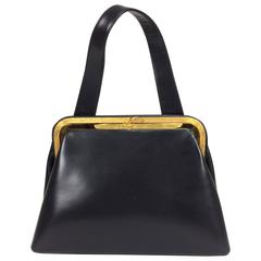 Vintage Bienen-Davis black box calf structured handbag with gold hardware 1950s