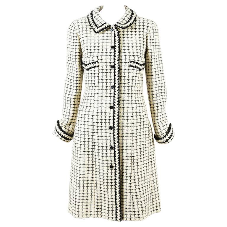 Chanel Cream Black Checker Plaid Knit Coat Size 42 For Sale