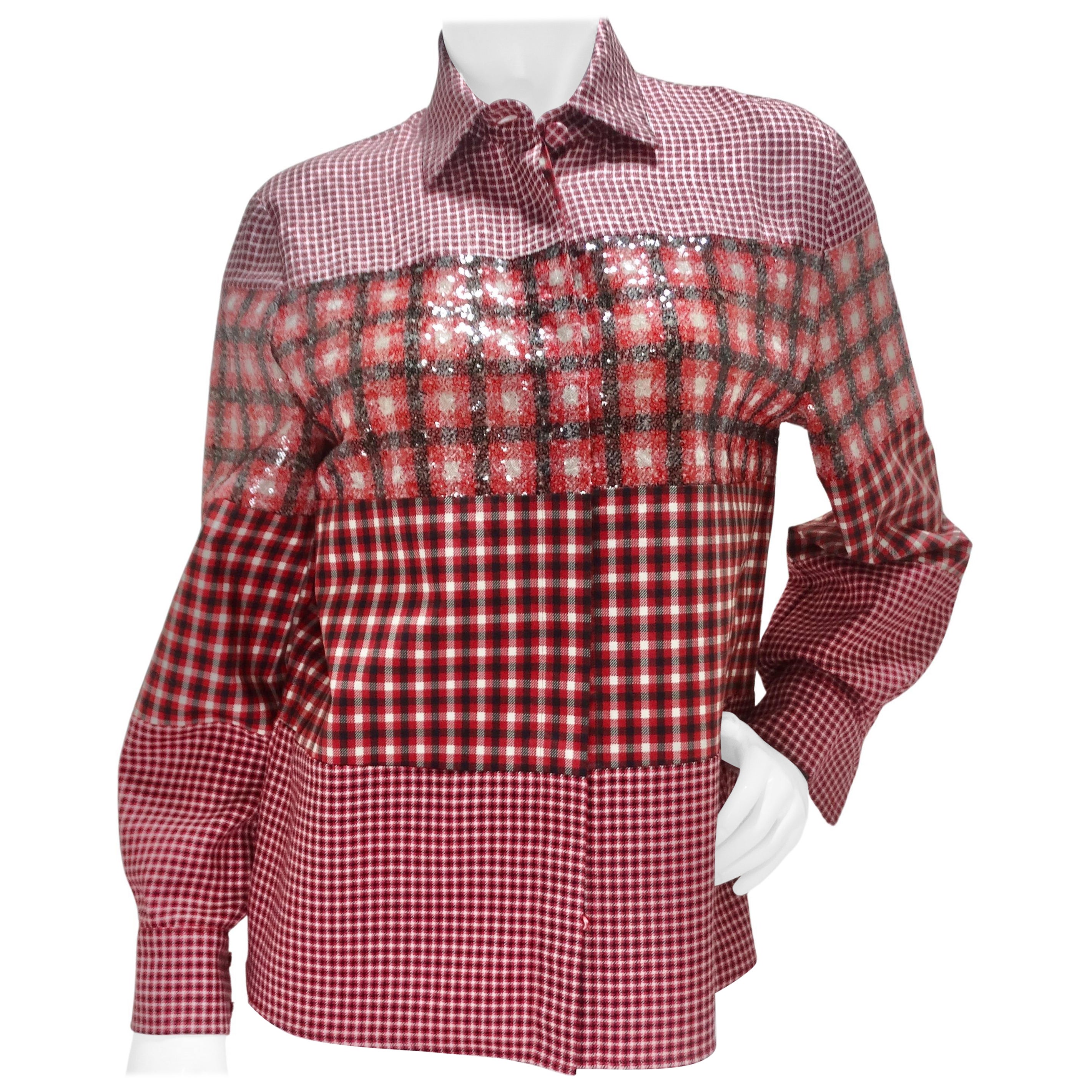Fendi Red Plaid Sequin Button-Up Shirt For Sale