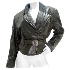 Vintage Robert Comstock 1980s Grey Belted Leather Moto Jacket