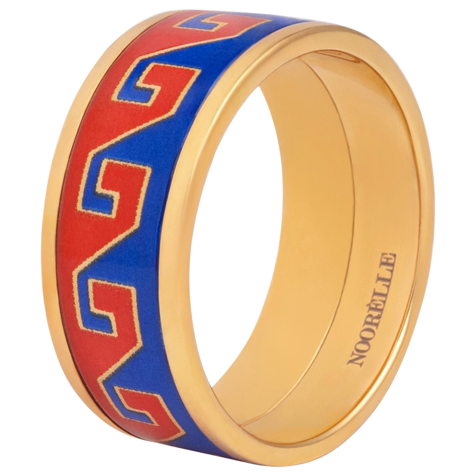 For Sale:  Red Blue Hand Painted Gold Plated Stainless Steel Band Ring with Fire Enamel