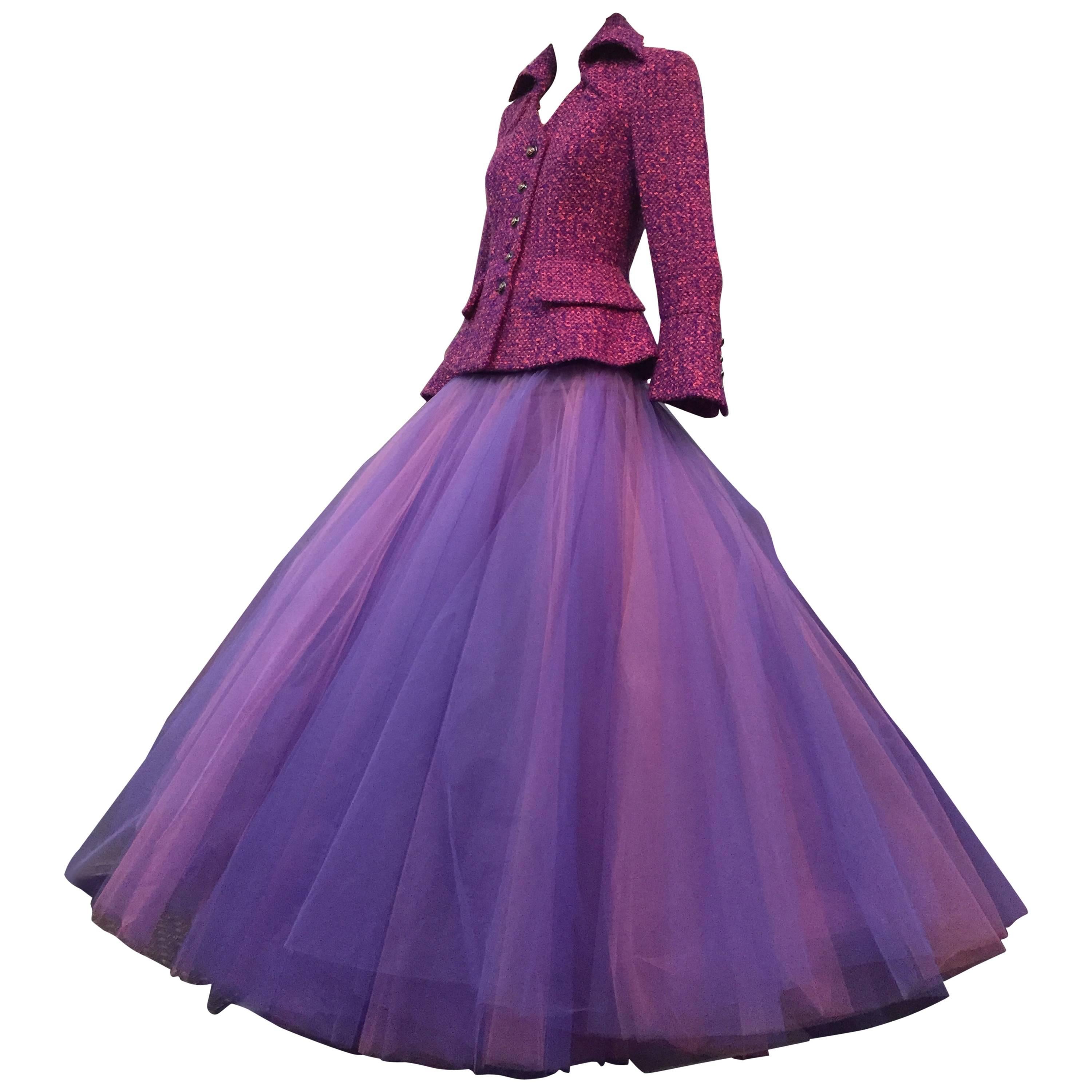 1990 JACQUES FATH Wool Tweed Jacket and Tulle Ball Skirt in Pink and Purple 