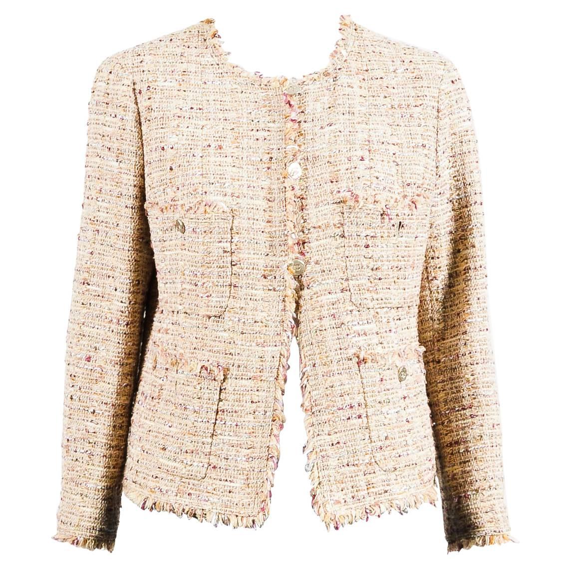 Chanel Beige Maroon Multicolor Tweed Fringe Trim Button Down Long Sleeve Jacket For Sale