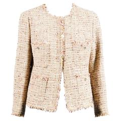 Chanel Beige Maroon Multicolor Tweed Fringe Trim Button Down Long Sleeve Jacket