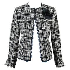Chanel Black White Tweed Open Front Jacket Size 38