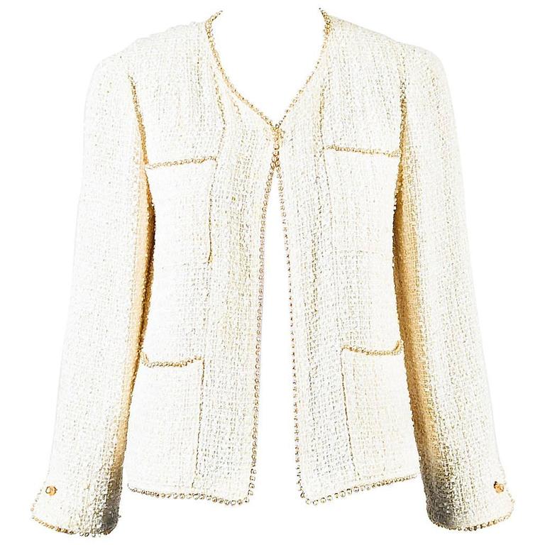 Chanel Cream Tweed Mother of Pearl Beaded Trim Jacket Size 36 at 1stDibs