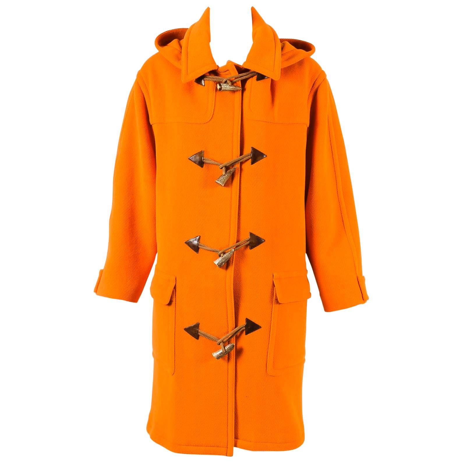 Hermes Orange Wool Brown Leather Trim Toggle Hooded Coat