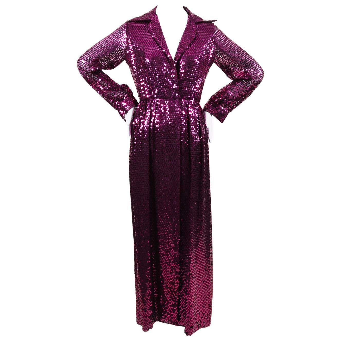 Vintage Oscar de la Renta Boutique Purple Long Sleeve Sequined Maxi Jacket SZ 10 For Sale