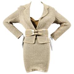Vintage Alaia Beige Tan Linen Knit 5 Piece Bodysuit & Skirt Suit Set SZ XS S M