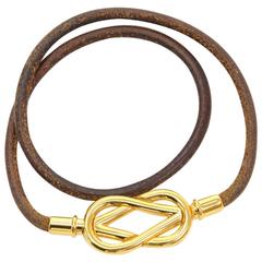 Hermes Atame Dark Brown Leather x Gold Tone Double Bracelet