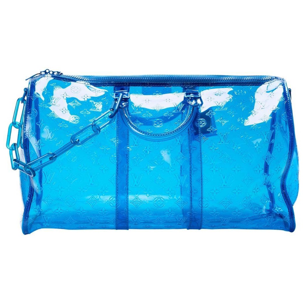 Louis Vuitton by Virgil Abloh 2018 Blue PVC Bandouliere Keepall 50 w/ Strap For Sale