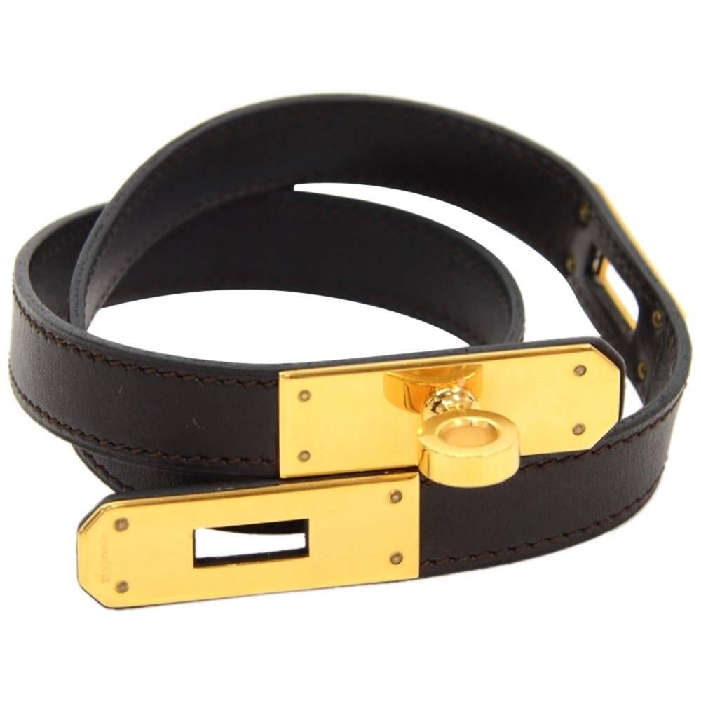 Hermes Kelly Double Tour Black Leather x Gold Tone Bracelet