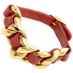 Chanel Red Leather x Gold Tone Chain Bracelet