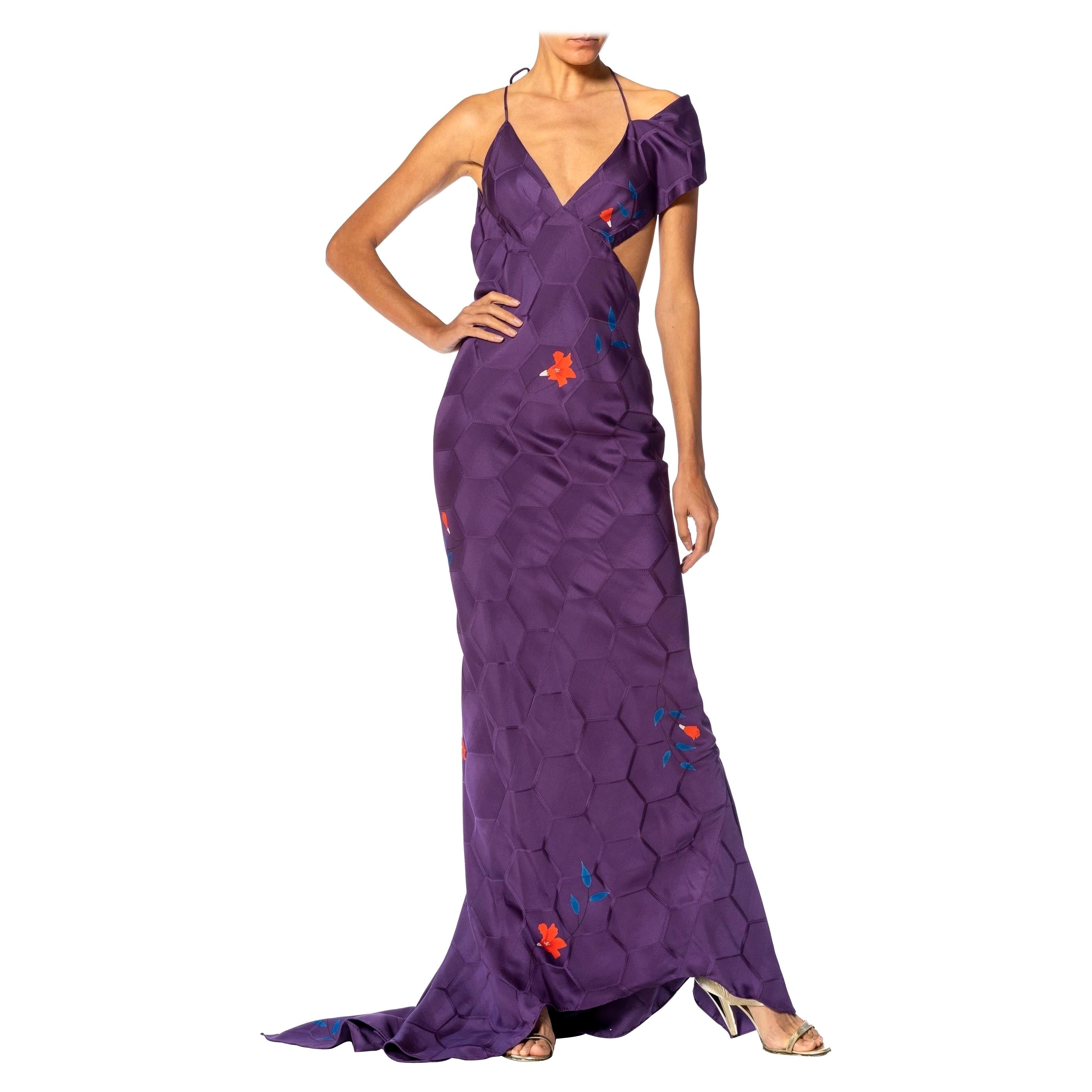 MORPHEW ATELIER Purple Bias Cut Japanese Kimono Silk Petal Trained Gown For Sale
