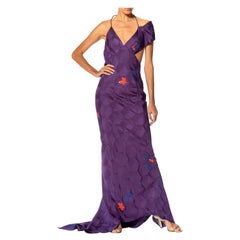 MORPHEW ATELIER Purple Bias Cut Japanese Kimono Silk Petal Trained Gown