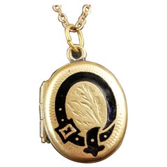 Antique gold plated mourning locket, Black enamel, necklace 