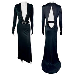 Vintage Tom Ford for Gucci F/W 2004 Embellished Plunging Cutout Black Evening Dress Gown