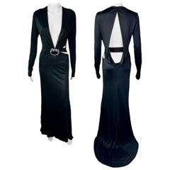 Tom Ford für Gucci H/W 2004 Schwarzes Abendkleid mit tiefem Ausschnitt und verziertem Ausschnitt