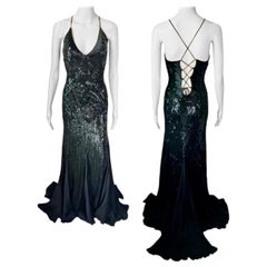 Roberto Cavalli S/S 2011 Embellished Plunged Lace Up Black Evening Dress Gown