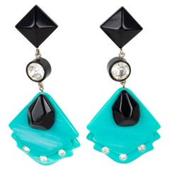 Pierre Cardin Paris Geometric Dangle Clip Earrings Black and Turquoise Resin