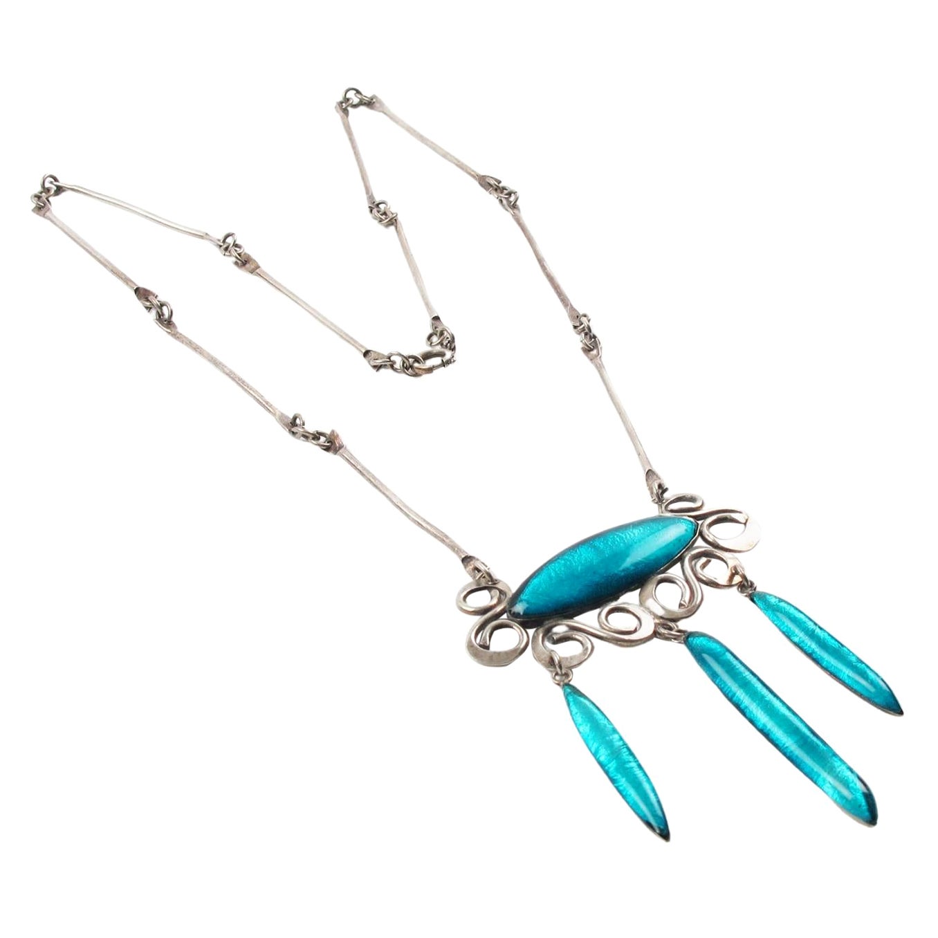 Mid-Century Silvered Metal Necklace with Electric Blue Poured Glass Pendant For Sale